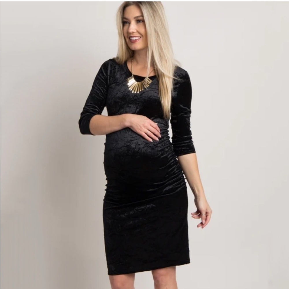 NWT PinkBlush Crushed Velvet 3/4 Sleeve Ruched Knee Length Dress in Black